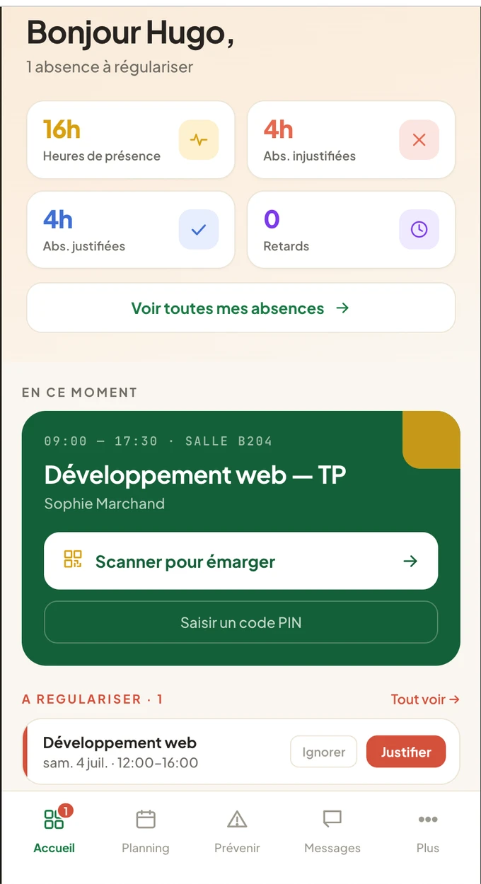 ScolaSign learner app, full home screen: attendance counters, current session to sign and an absence to resolve (interface in French)