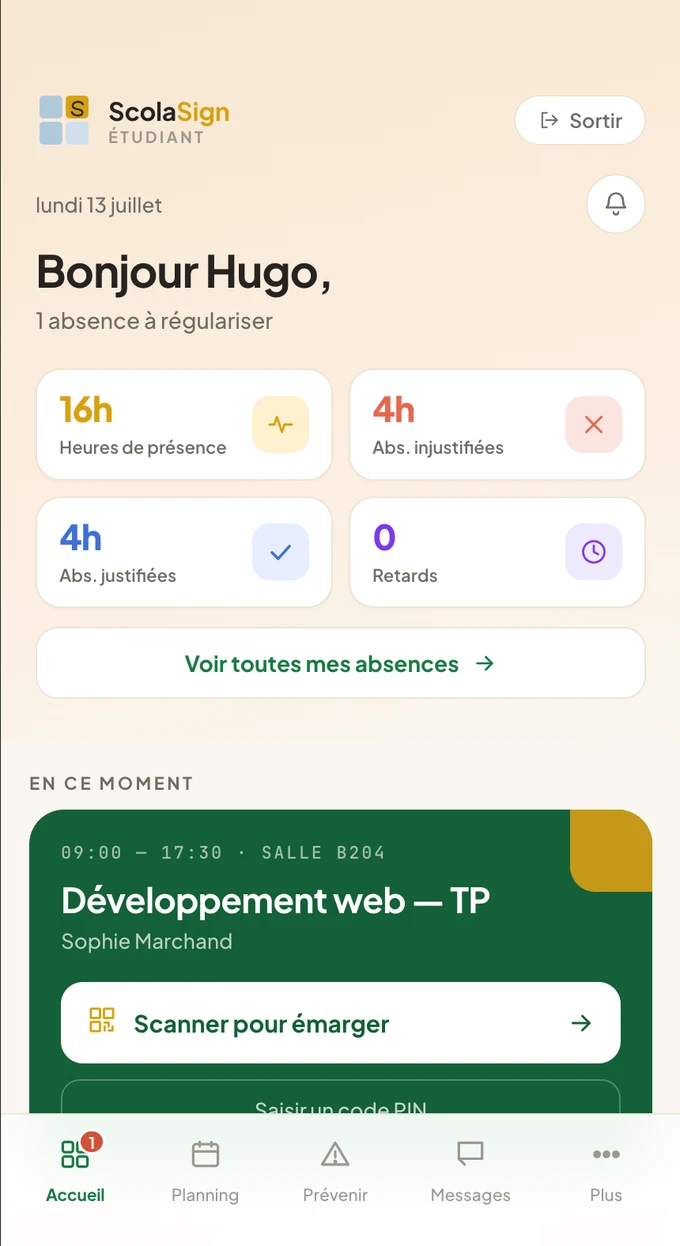 ScolaSign learner app home screen: current session with a scan-to-sign button, attendance and absence counters (interface in French)