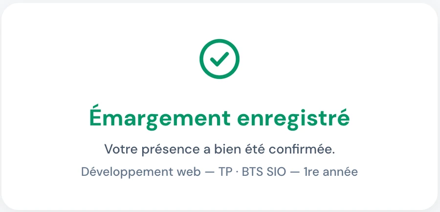 ScolaSign confirmation that sign-in has been recorded, after opening the single-use link received by email (interface in French)