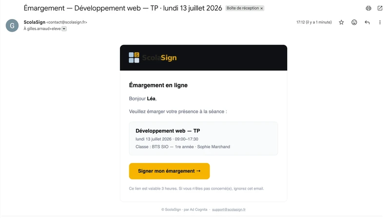 ScolaSign sign-in email received in the inbox: session title, date and signing button (interface in French)
