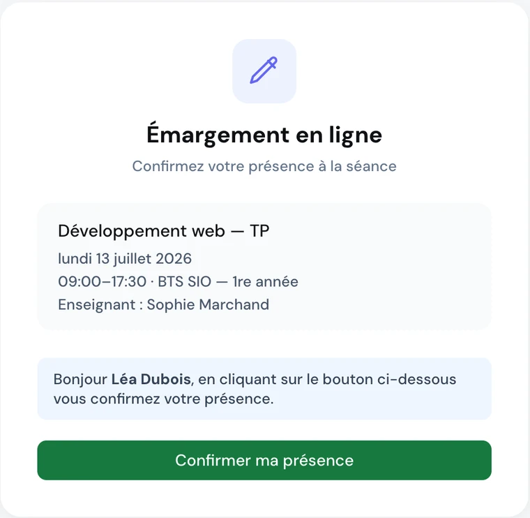 ScolaSign signature page opened from the email: session summary and attendance confirmation button (interface in French)