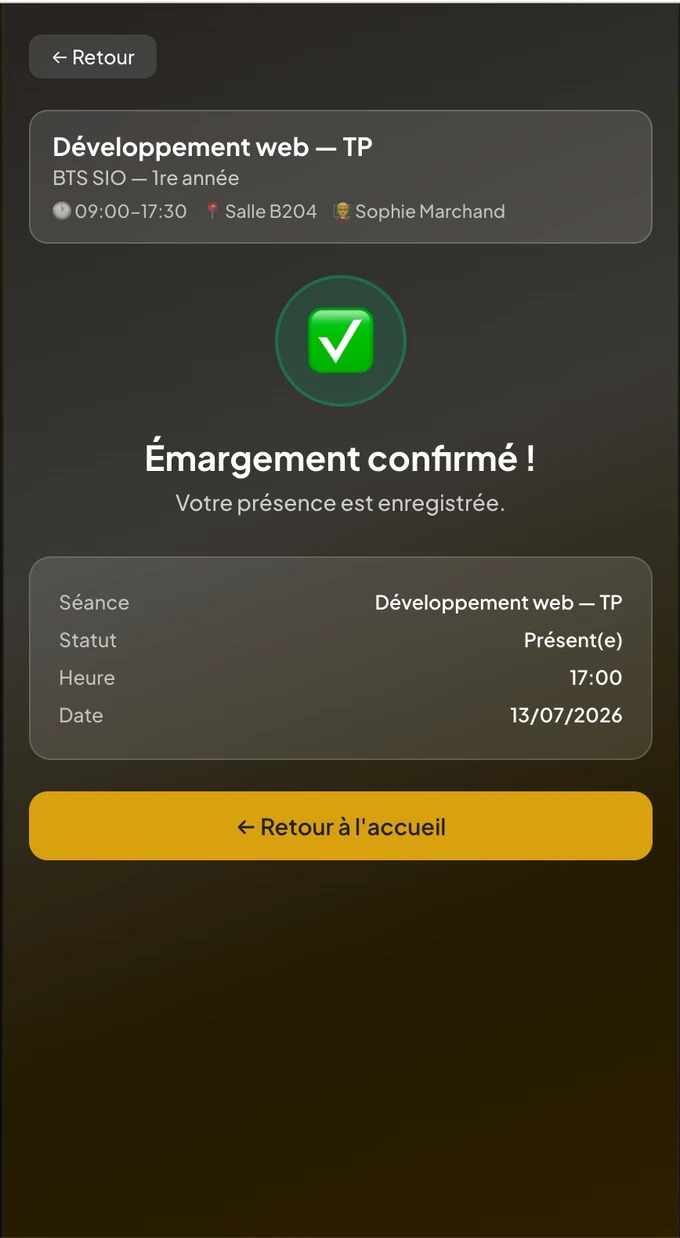 ScolaSign learner app: sign-in confirmed, attendance recorded with session, status, time and date