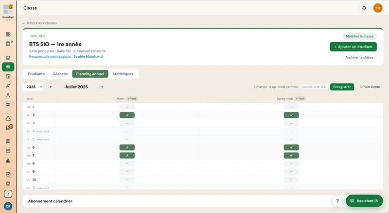 ScolaSign console (French interface): a class's annual timetable, grid of working mornings and afternoons, month by month