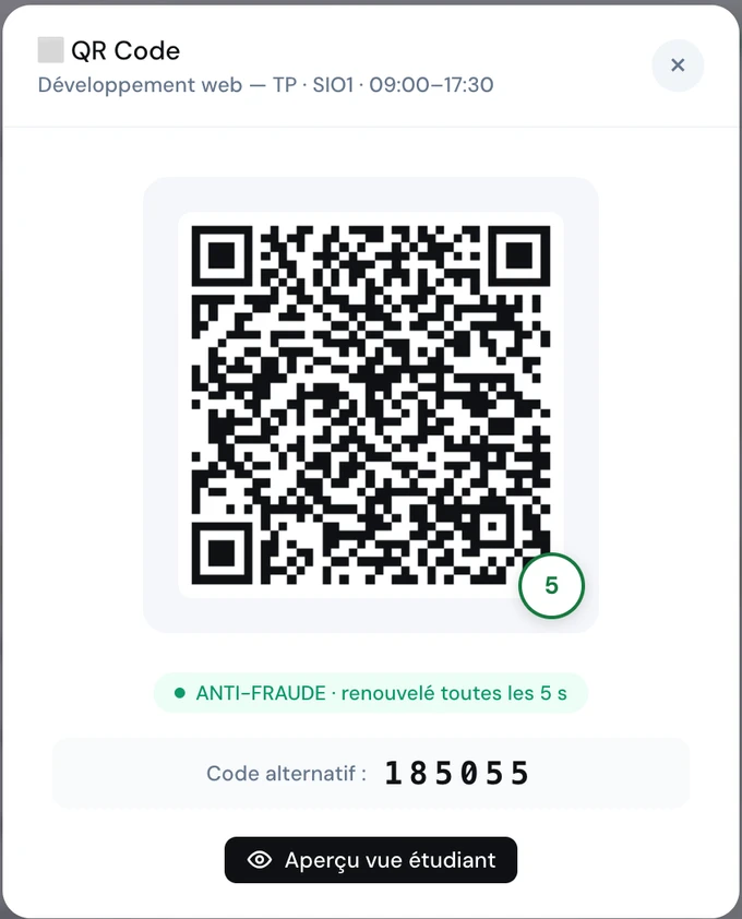 ScolaSign console: projected dynamic QR code, renewed every 5 seconds, with an alternative 6-digit code