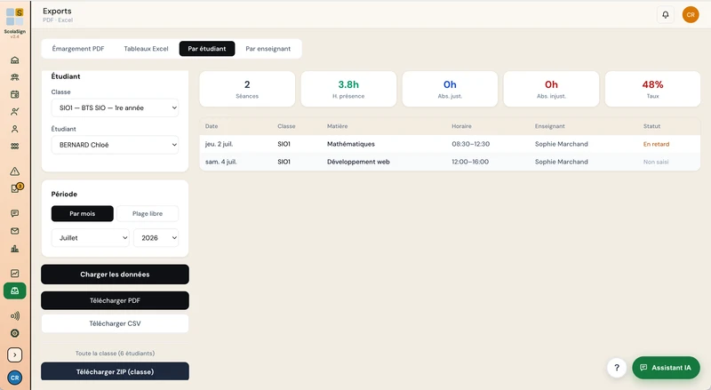 ScolaSign console: attendance export by learner with sessions, hours, attendance rate, and PDF, CSV or ZIP download by class (interface in French)